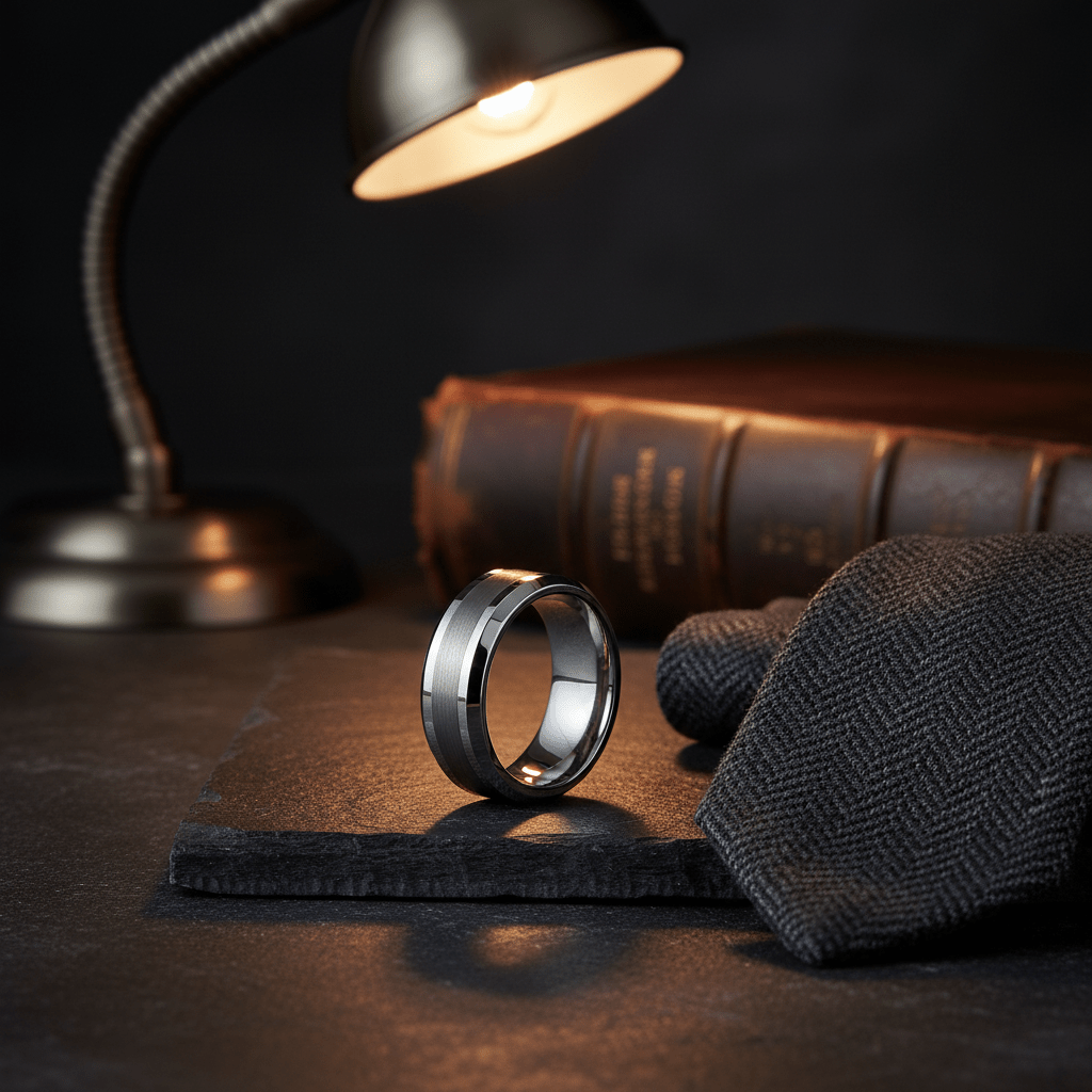 ROCK — close-up detail — men's tungsten carbide wedding ring | Aydins Jewelry