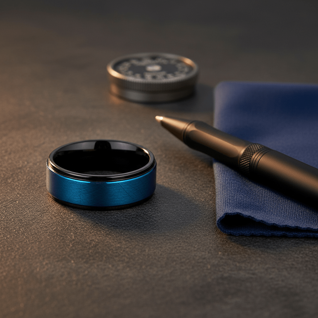 ROCKET — Editorial masculine still life — men's tungsten wedding ring.