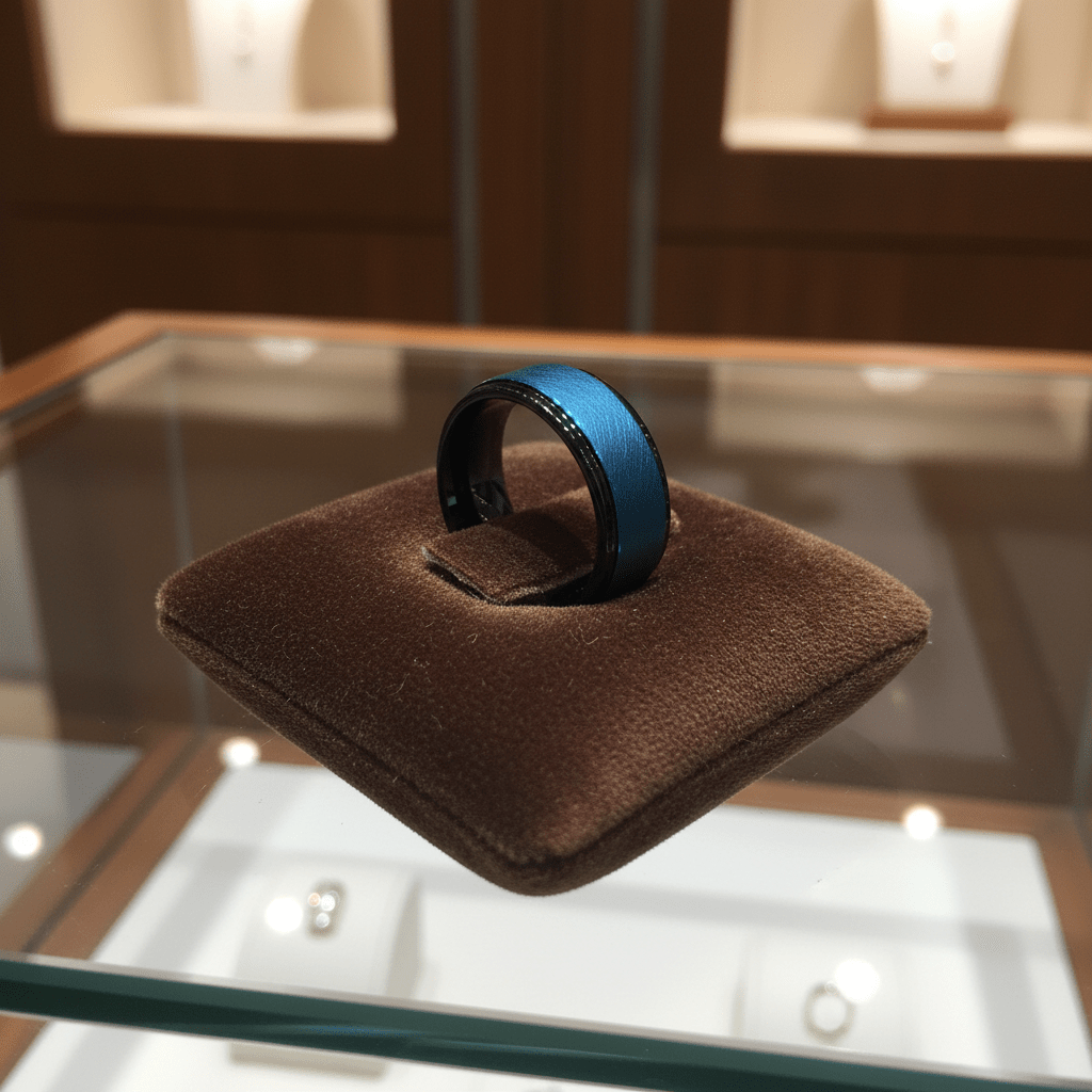 ROCKET — Premium boutique display on velvet — men's tungsten wedding ring.