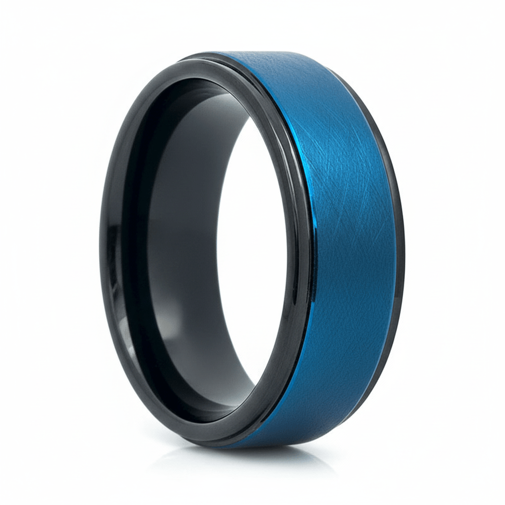 ROCKET — Hero product shot — men's tungsten wedding ring.