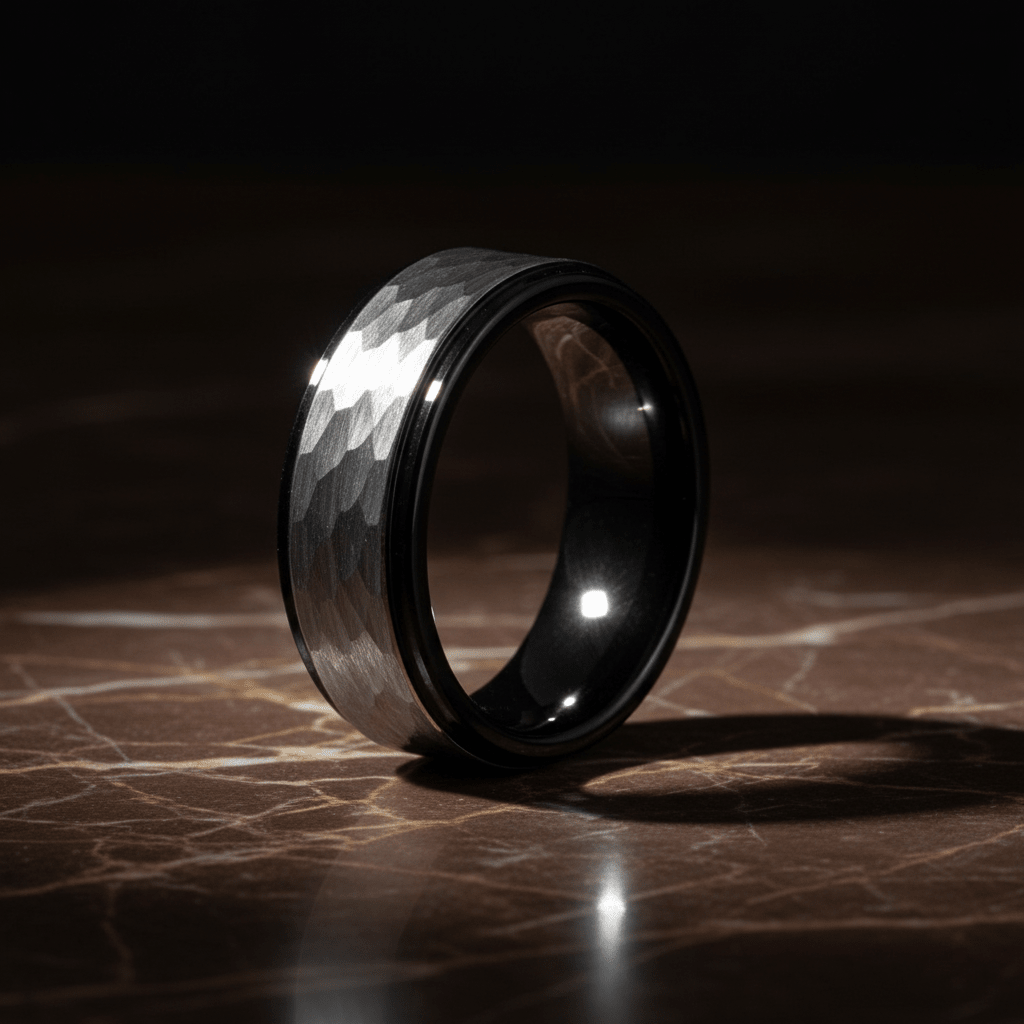ROCKY — detail view — men's tungsten carbide wedding ring | Aydins Jewelry