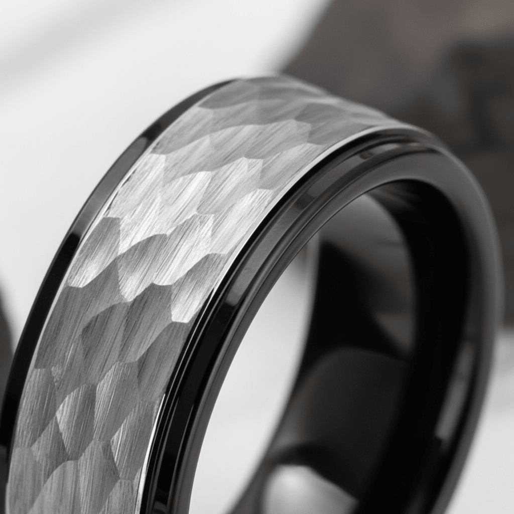ROCKY — close-up detail — men's tungsten carbide wedding ring | Aydins Jewelry