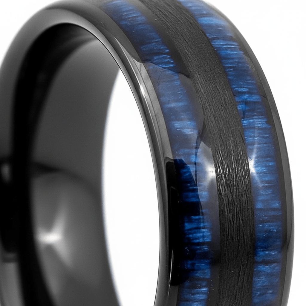 ROMEO — Extreme macro detail — men's tungsten wedding ring.