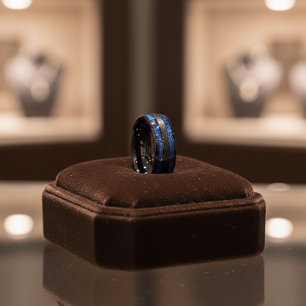 ROMEO — Premium boutique display on velvet — men's tungsten wedding ring.