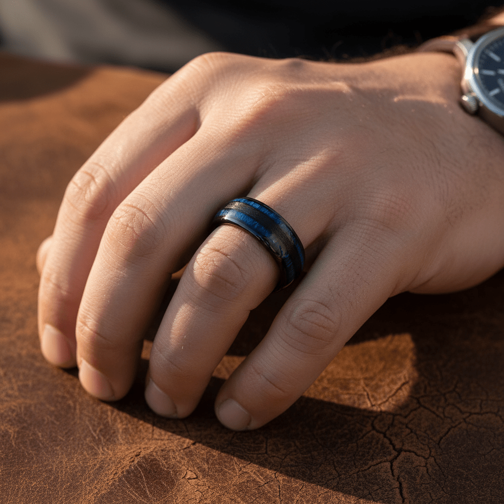 ROMEO — Lifestyle photo on hand — men's tungsten wedding ring.