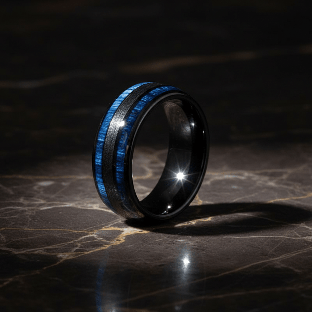 ROMEO — Luxury 3/4 angle on dark marble — men's tungsten wedding ring.