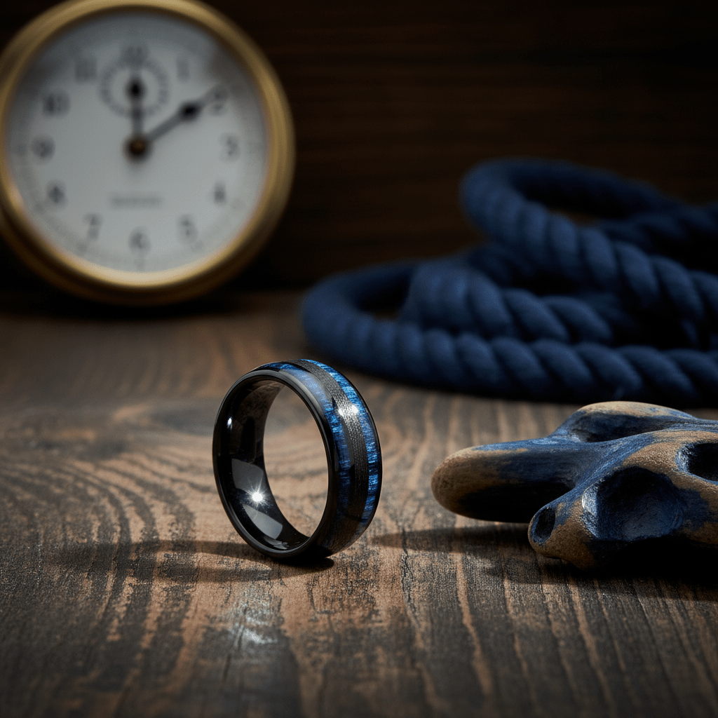 ROMEO — Editorial masculine still life — men's tungsten wedding ring.