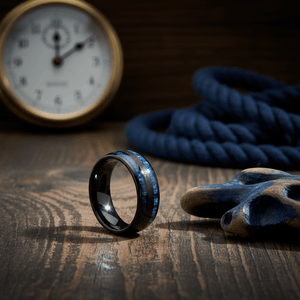 ROMEO — Editorial masculine still life — men's tungsten wedding ring.