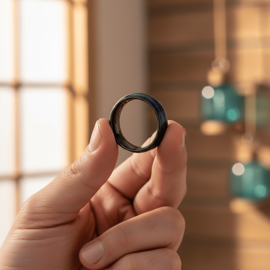 ROMEO — Held between fingers close-up — men's tungsten wedding ring.