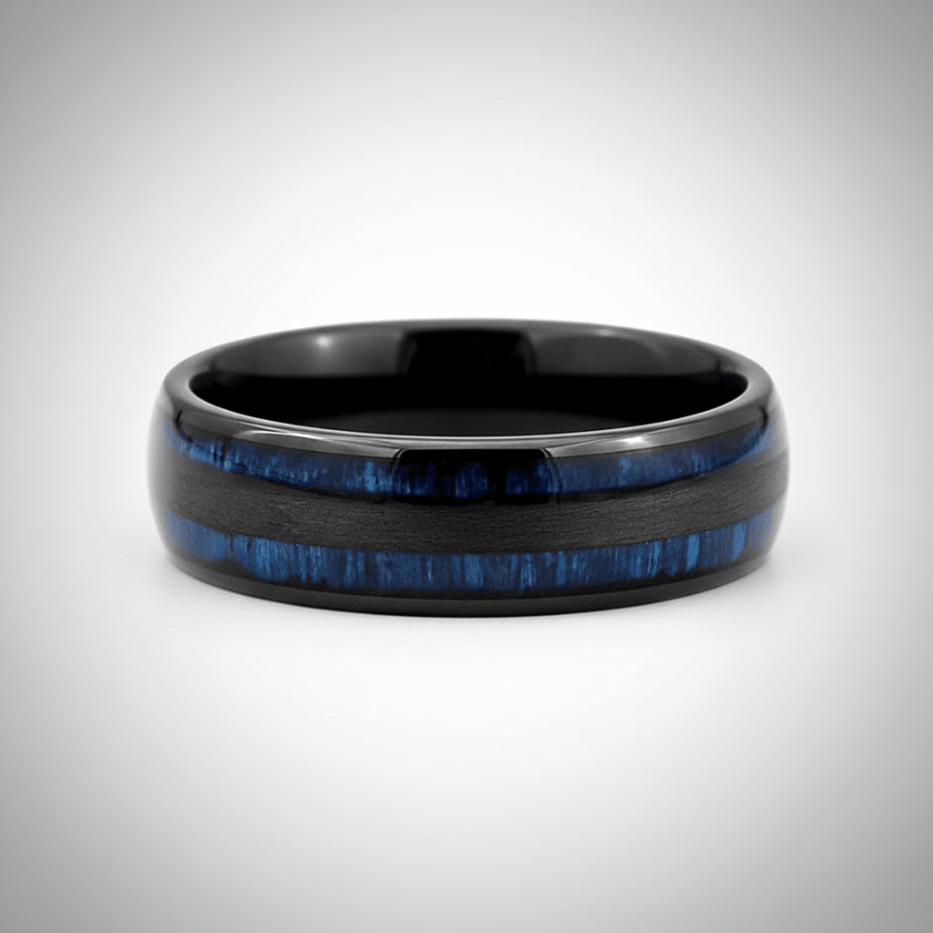 ROMEO — Center-through axial view — men's tungsten wedding ring.