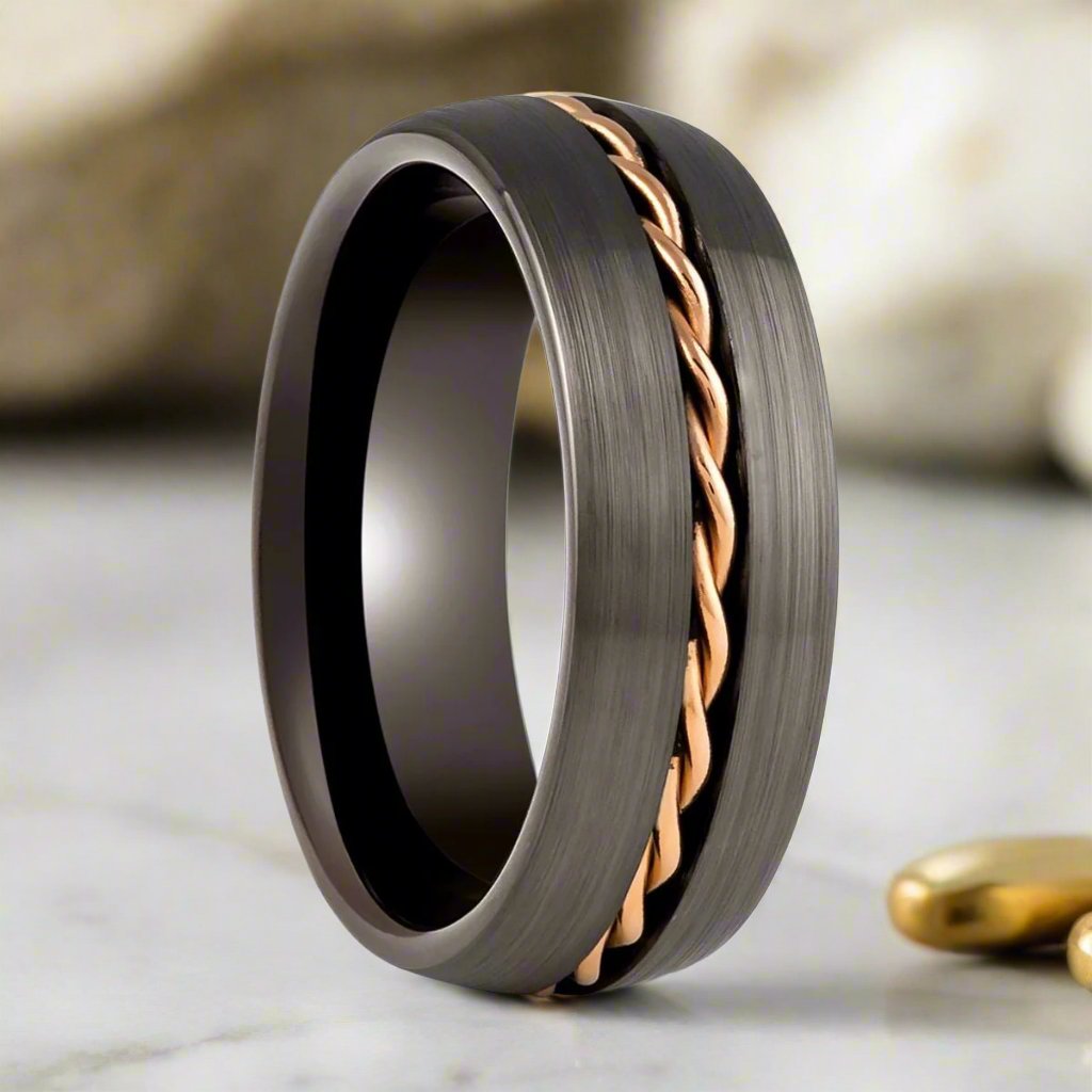 ROSIUM Gunmetal Tungsten Ring Rose Gold Rope Inlay 8mm Comfort
