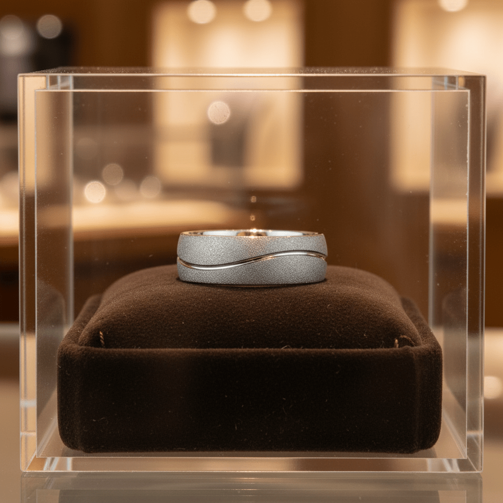 ROUGHZEN — Premium boutique display on velvet — men's tungsten wedding ring.