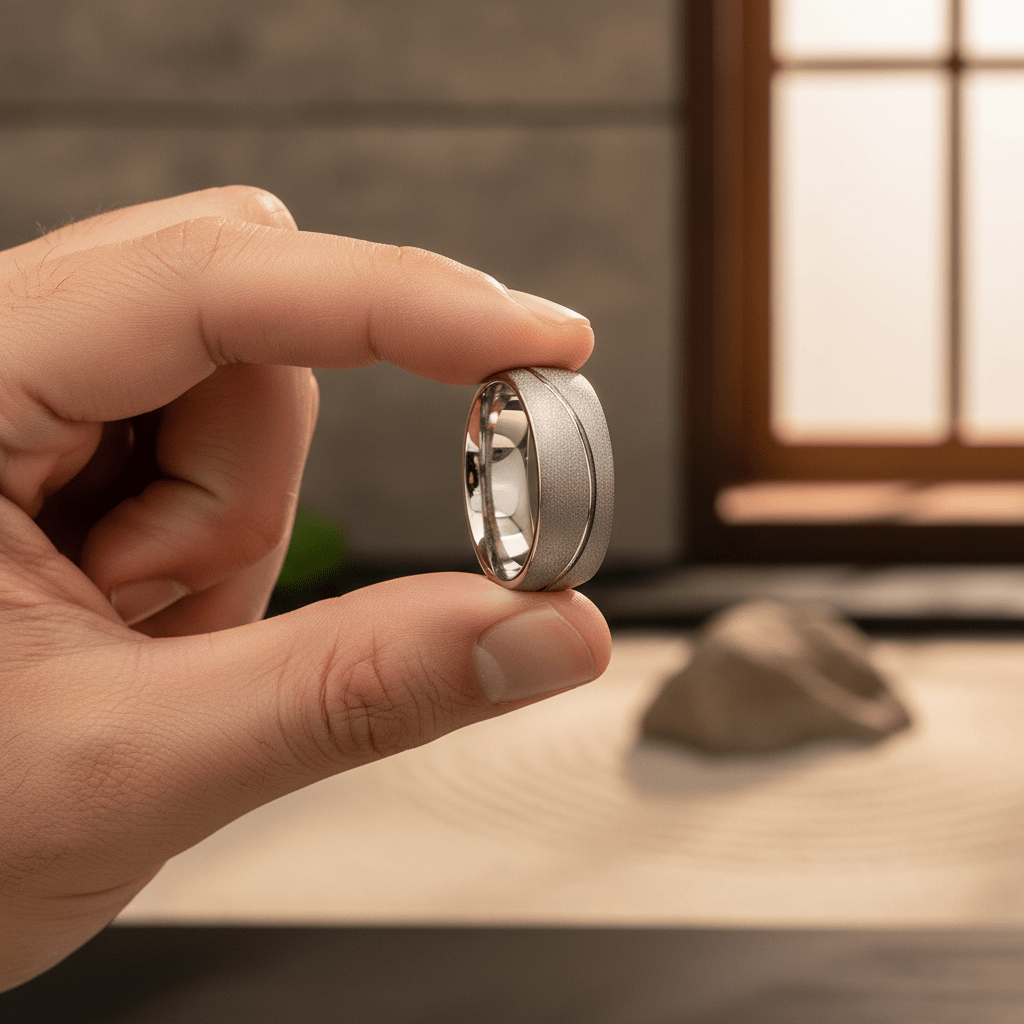 ROUGHZEN — Held between fingers close-up — men's tungsten wedding ring.