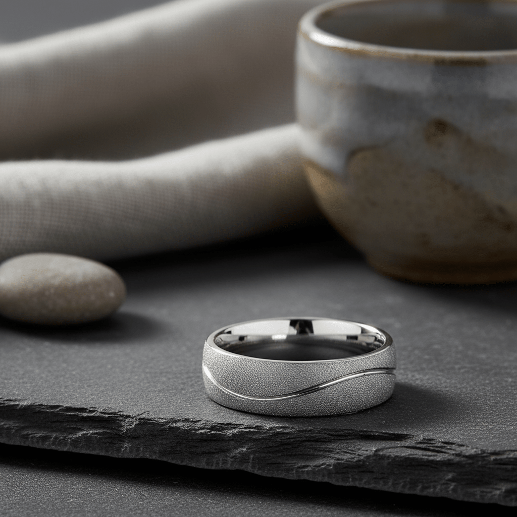 ROUGHZEN — Editorial masculine still life — men's tungsten wedding ring.