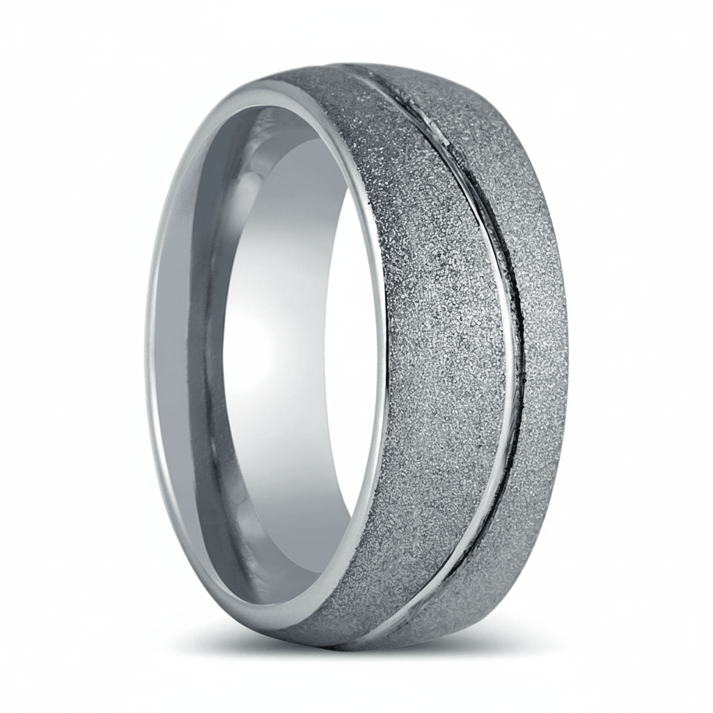 ROUGHZEN — Hero product shot — men's tungsten wedding ring.