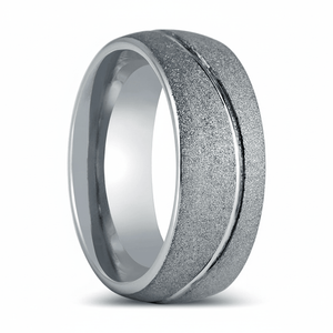 ROUGHZEN — Hero product shot — men's tungsten wedding ring.
