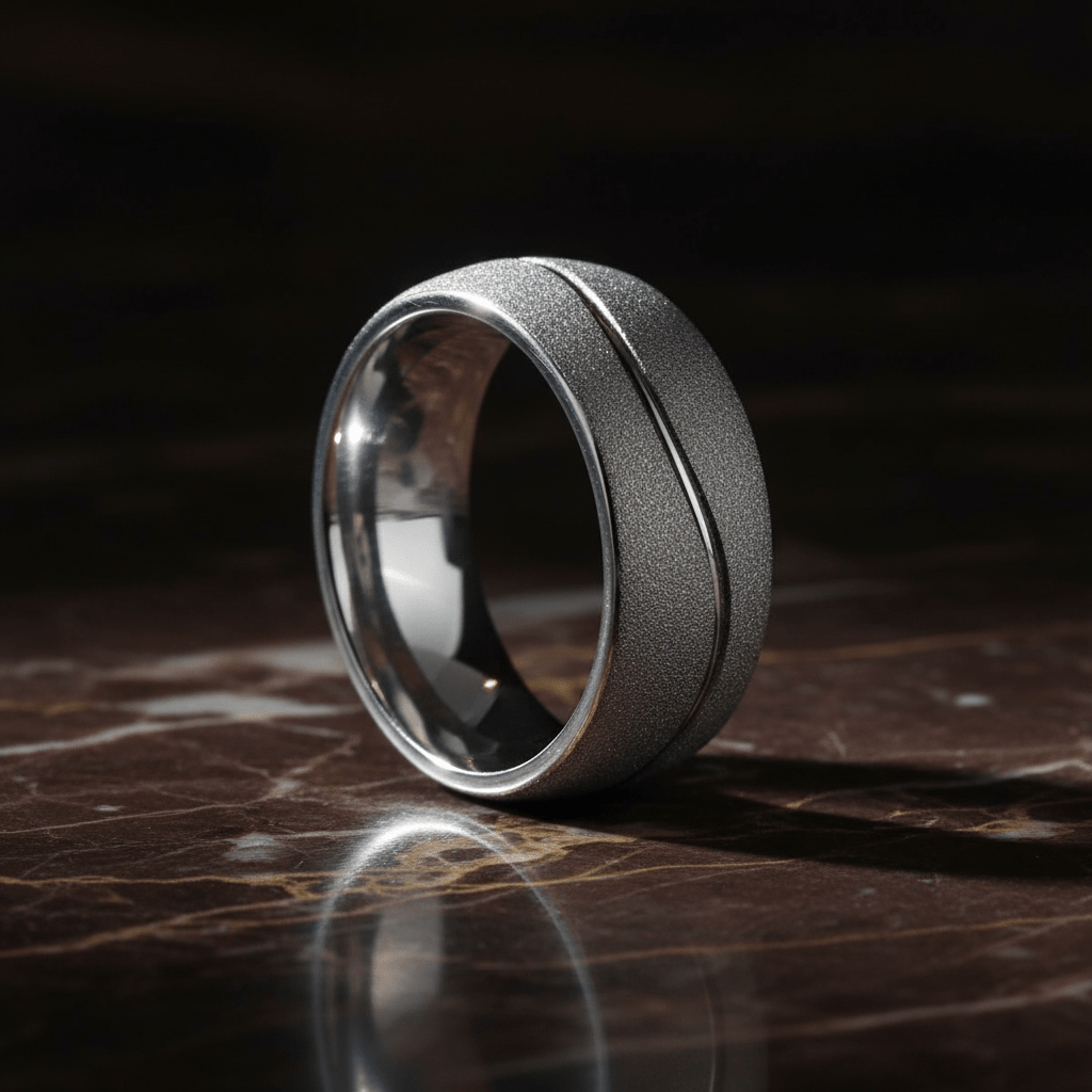 ROUGHZEN — Luxury 3/4 angle on dark marble — men's tungsten wedding ring.