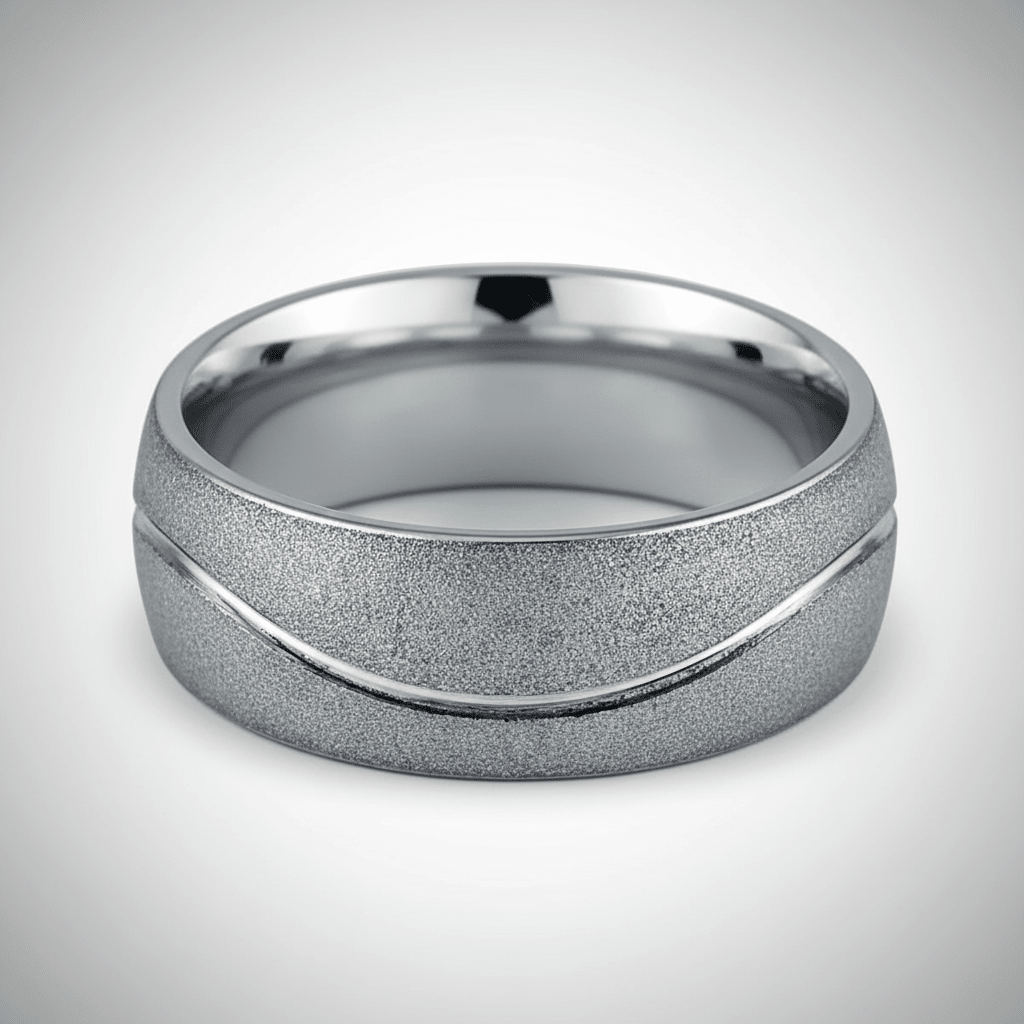 ROUGHZEN — Center-through axial view — men's tungsten wedding ring.
