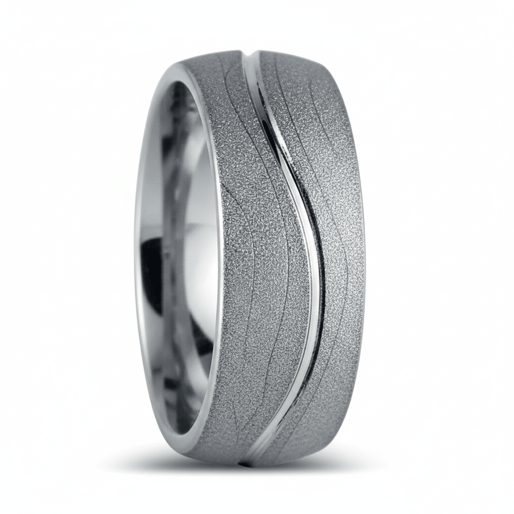 ROUGHZEN — Front-facing straight-on view — men's tungsten wedding ring.