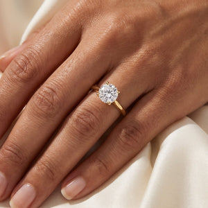 Round lab-grown diamond solitaire engagement ring, in Yellow Gold, on-finger close-up