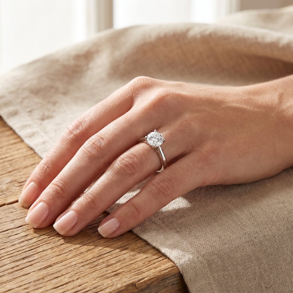 Round lab-grown diamond solitaire engagement ring, in White Gold, lifestyle