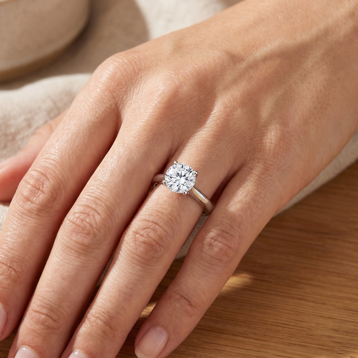 Round lab-grown diamond solitaire engagement ring, in 925 Sterling Silver, lifestyle
