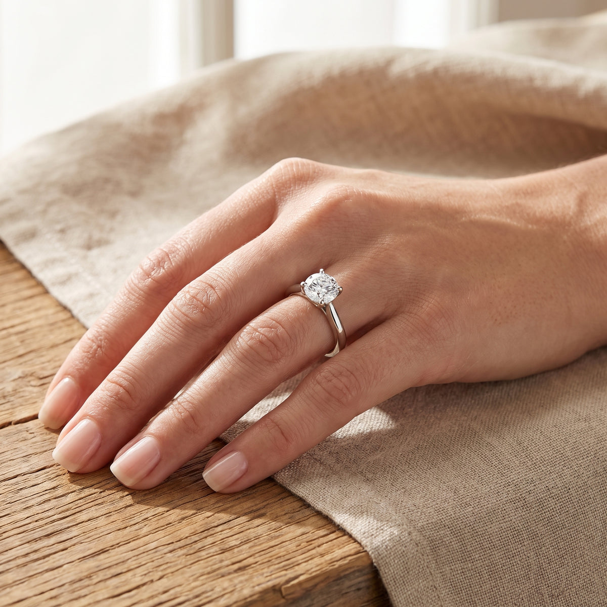 Round lab-grown diamond solitaire engagement ring, in White Gold, lifestyle
