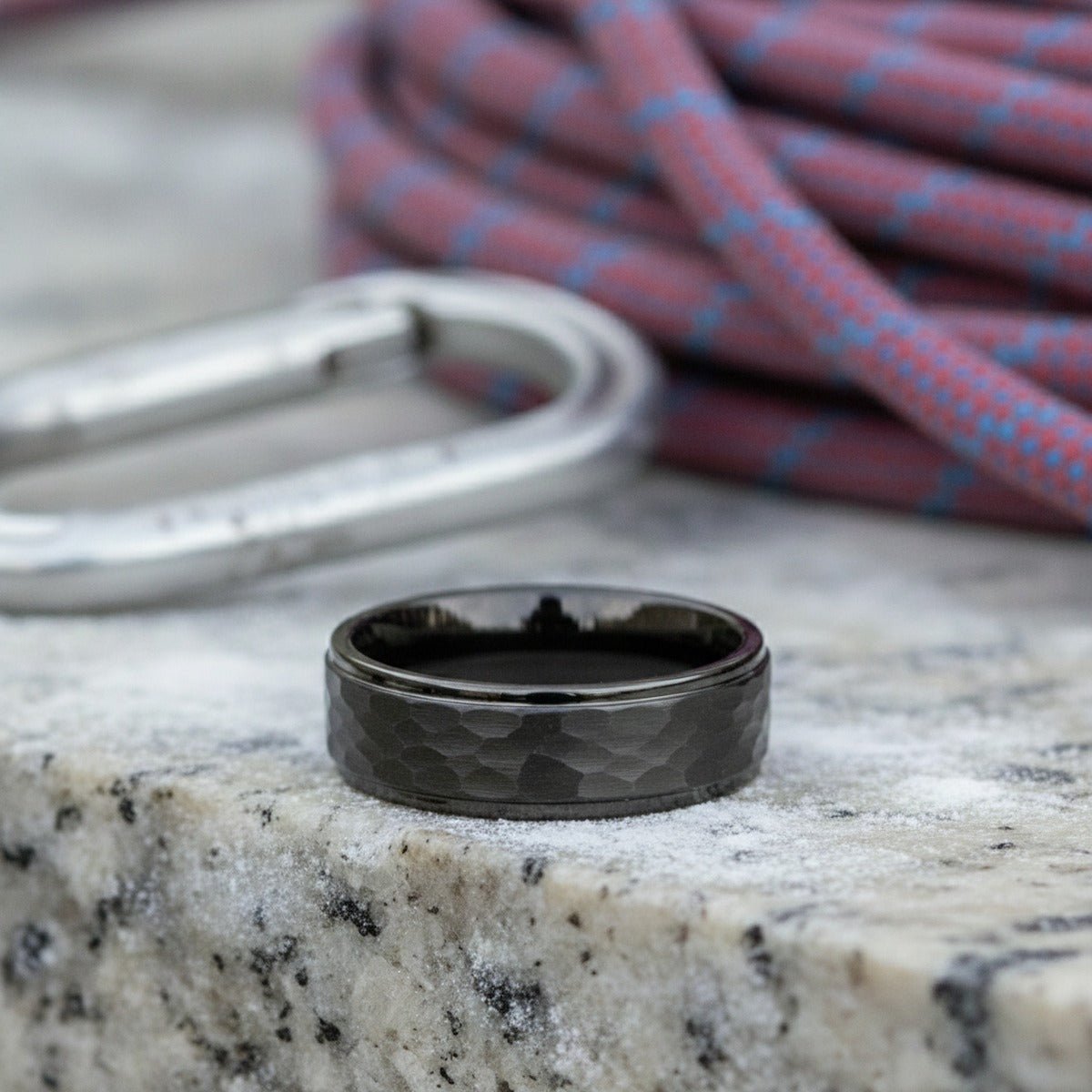 Aydins RUGGED | Black Tungsten Hammered Ring lifestyle scene, climbing chalk