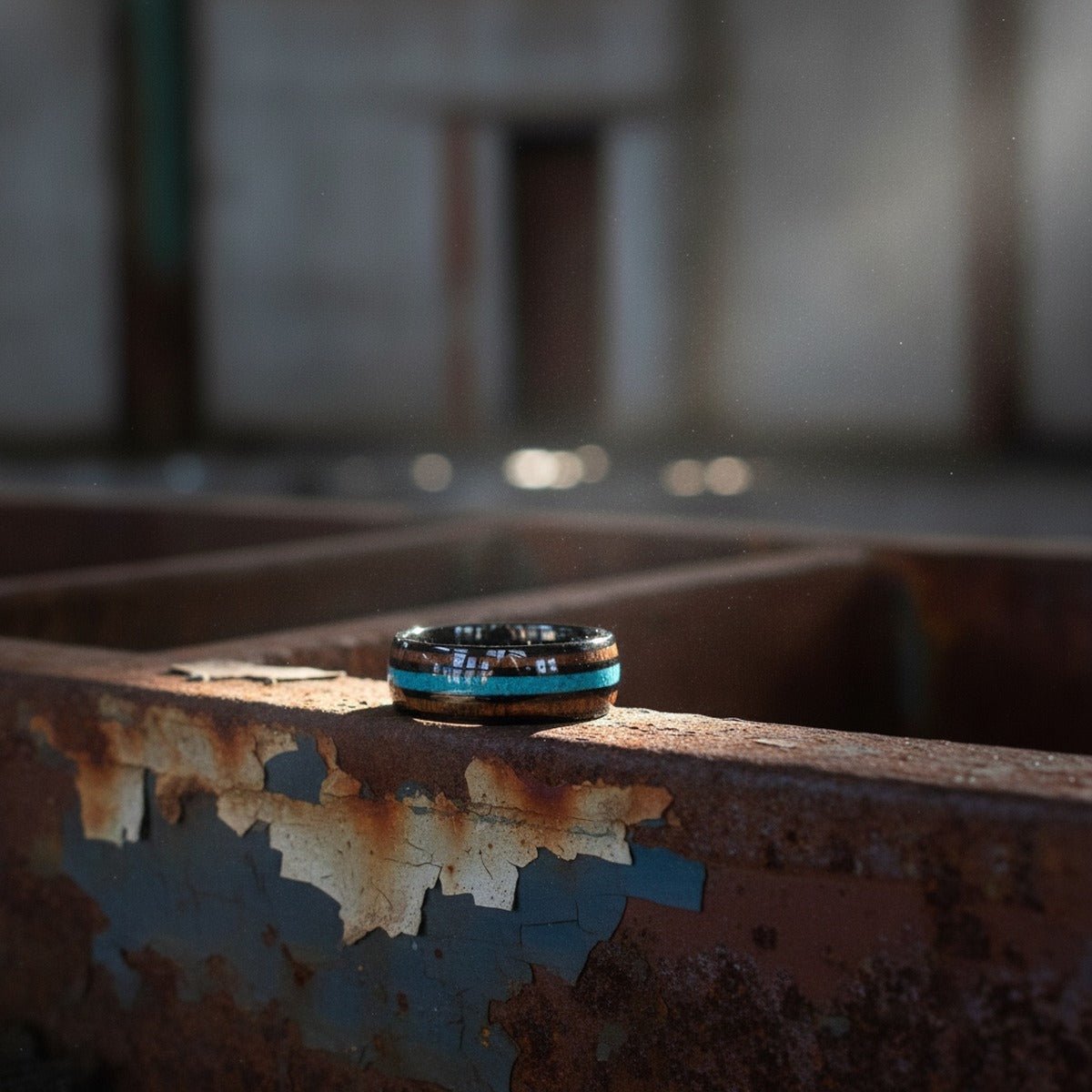 Aydins RYKER | Black Tungsten Ring, Koa Wood & Turquoise Inlay, Domed lifestyle scene, warehouse rust