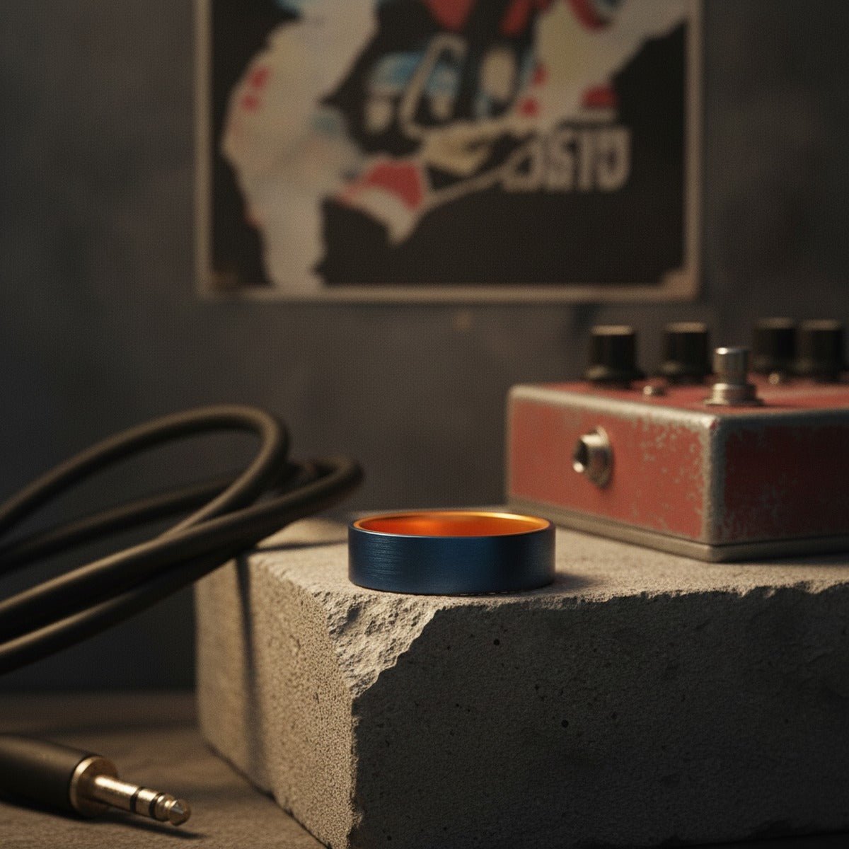 Aydins RYSER | Orange Ring, Blue Tungsten Ring, Brushed, Flat lifestyle scene, punk basement
