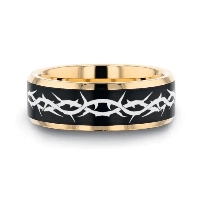 SACRED Two-Tone tungsten Christian wedding ring — angle 1