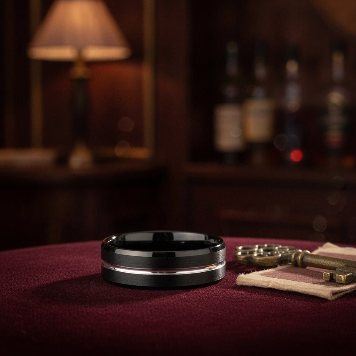 Aydins SAGAN | Black Tungsten Silver Groove Ring lifestyle scene, speakeasy velvet
