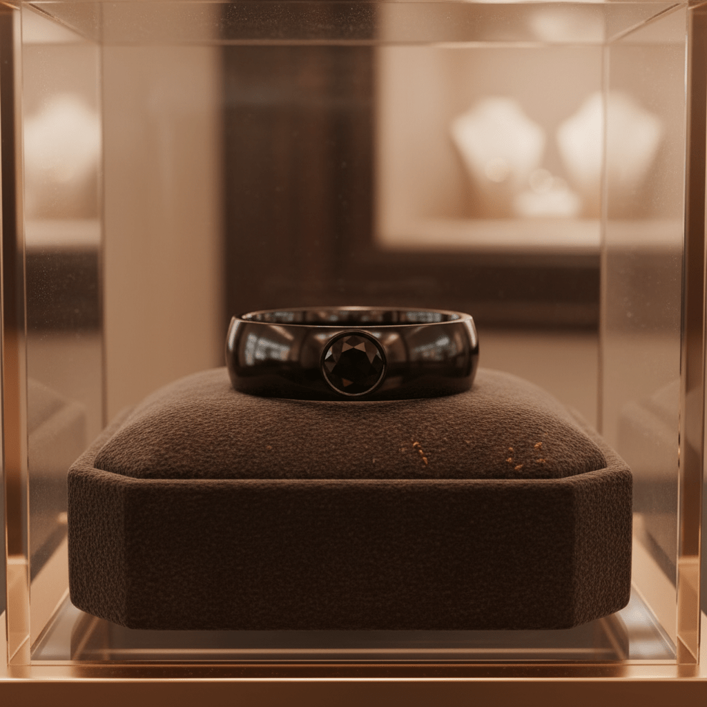 SANCHO — Premium boutique display on velvet — men's tungsten wedding ring.