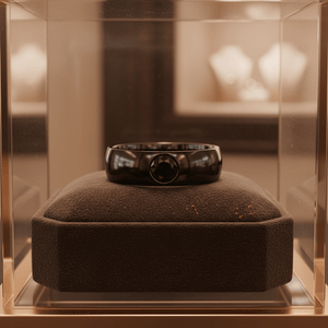 SANCHO — Premium boutique display on velvet — men's tungsten wedding ring.