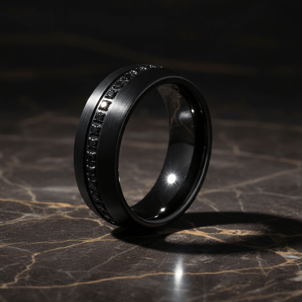 SANCHO — Luxury 3/4 angle on dark marble — men's tungsten wedding ring.