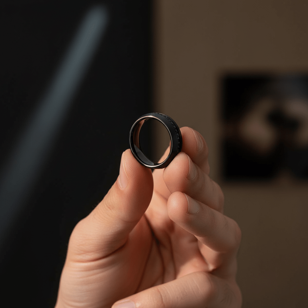 SANCHO — Held between fingers close-up — men's tungsten wedding ring.