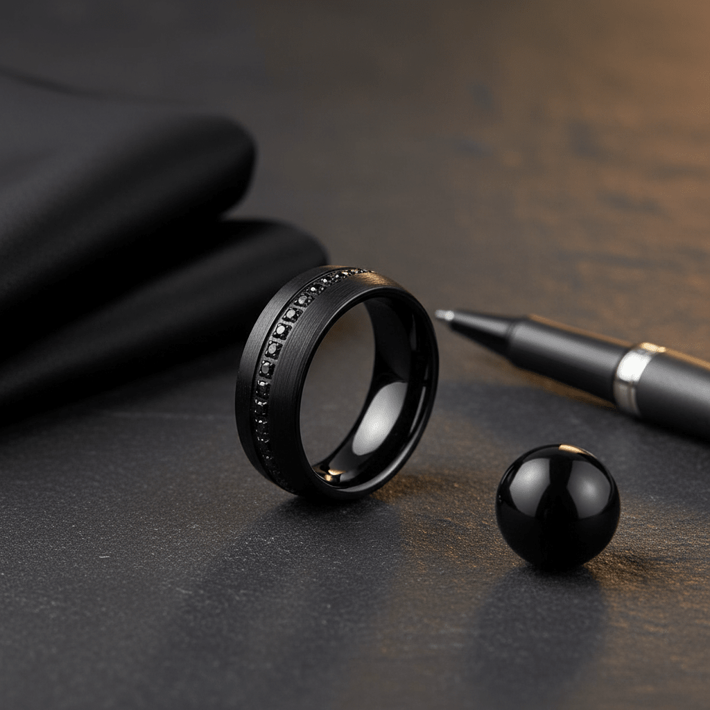SANCHO — Editorial masculine still life — men's tungsten wedding ring.