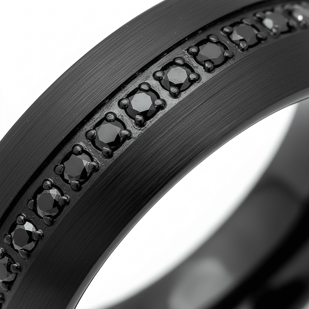 SANCHO — Extreme macro detail — men's tungsten wedding ring.