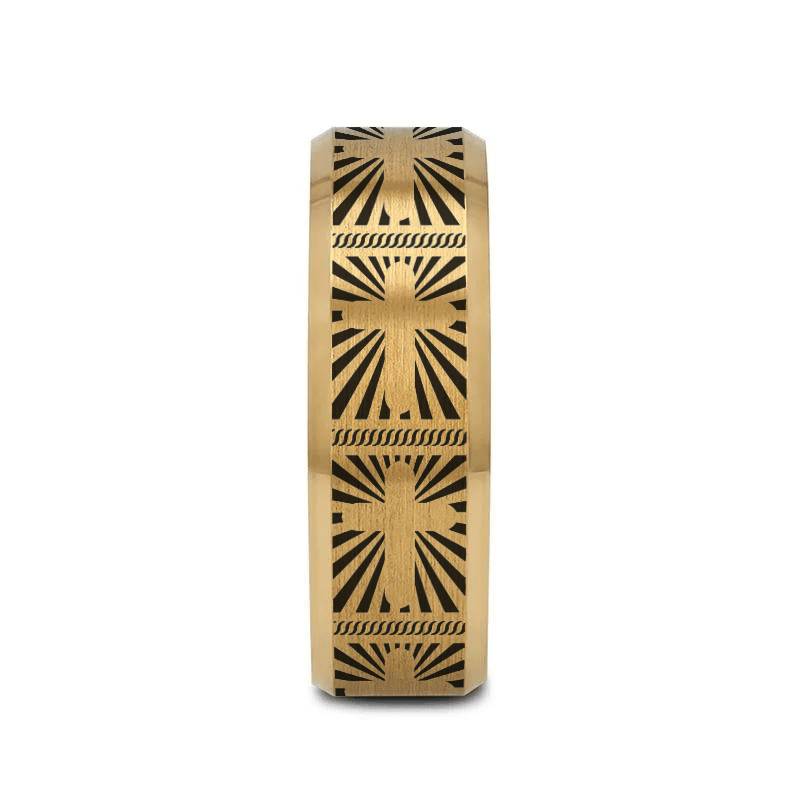 SANCTUS gold tungsten ring with sunburst cross laser-engraved at the center – Aydins Jewelry