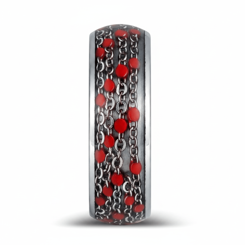 SCARLETLINK — Front-facing straight-on view — men's tungsten wedding ring.