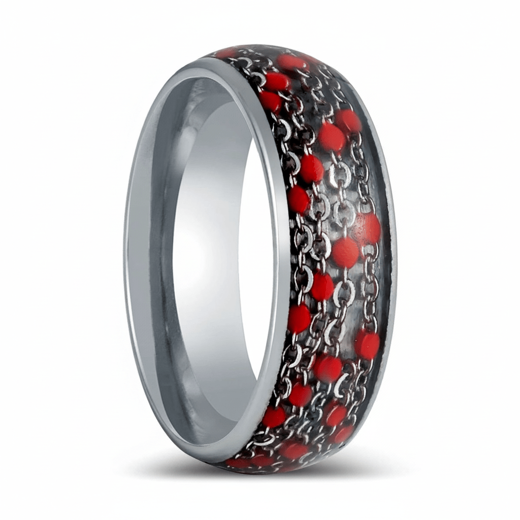 SCARLETLINK — Hero product shot — men's tungsten wedding ring.