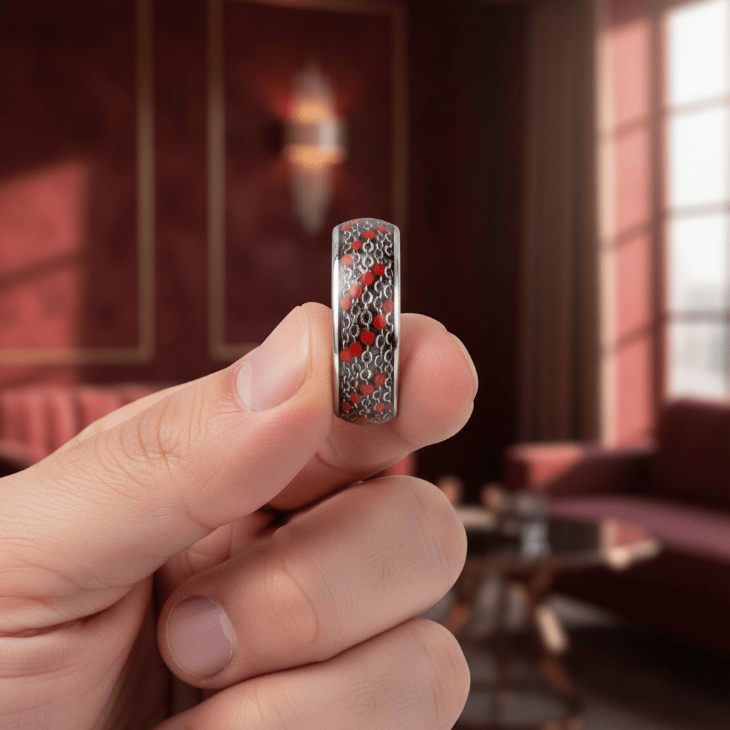 SCARLETLINK — Held between fingers close-up — men's tungsten wedding ring.