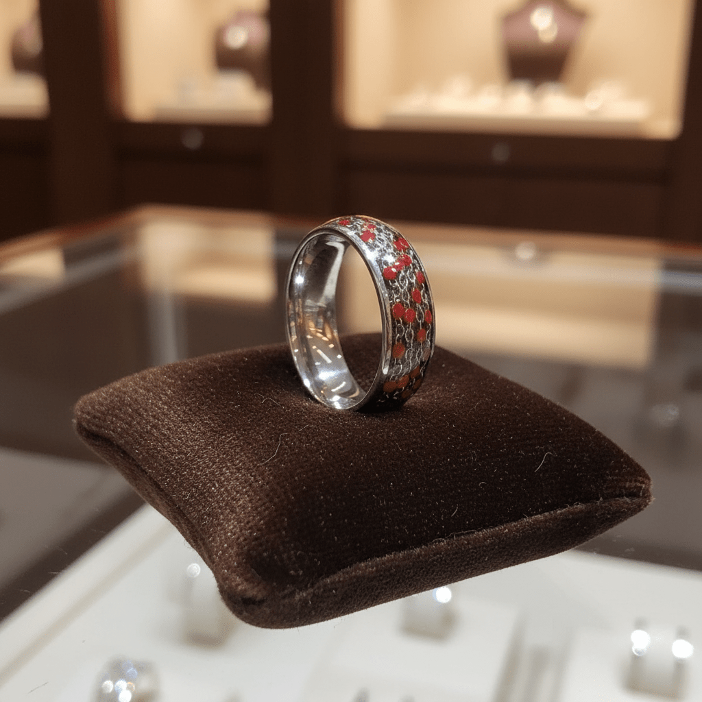 SCARLETLINK — Premium boutique display on velvet — men's tungsten wedding ring.