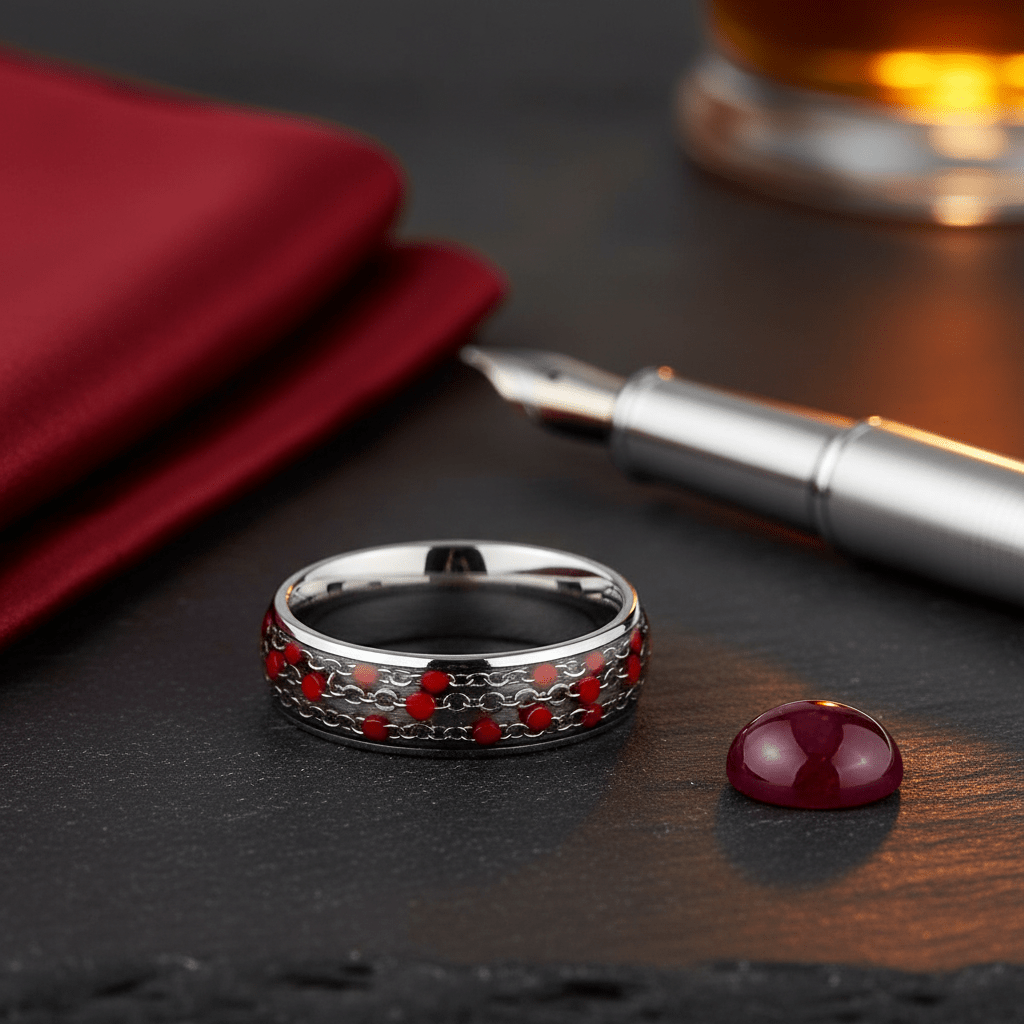SCARLETLINK — Editorial masculine still life — men's tungsten wedding ring.