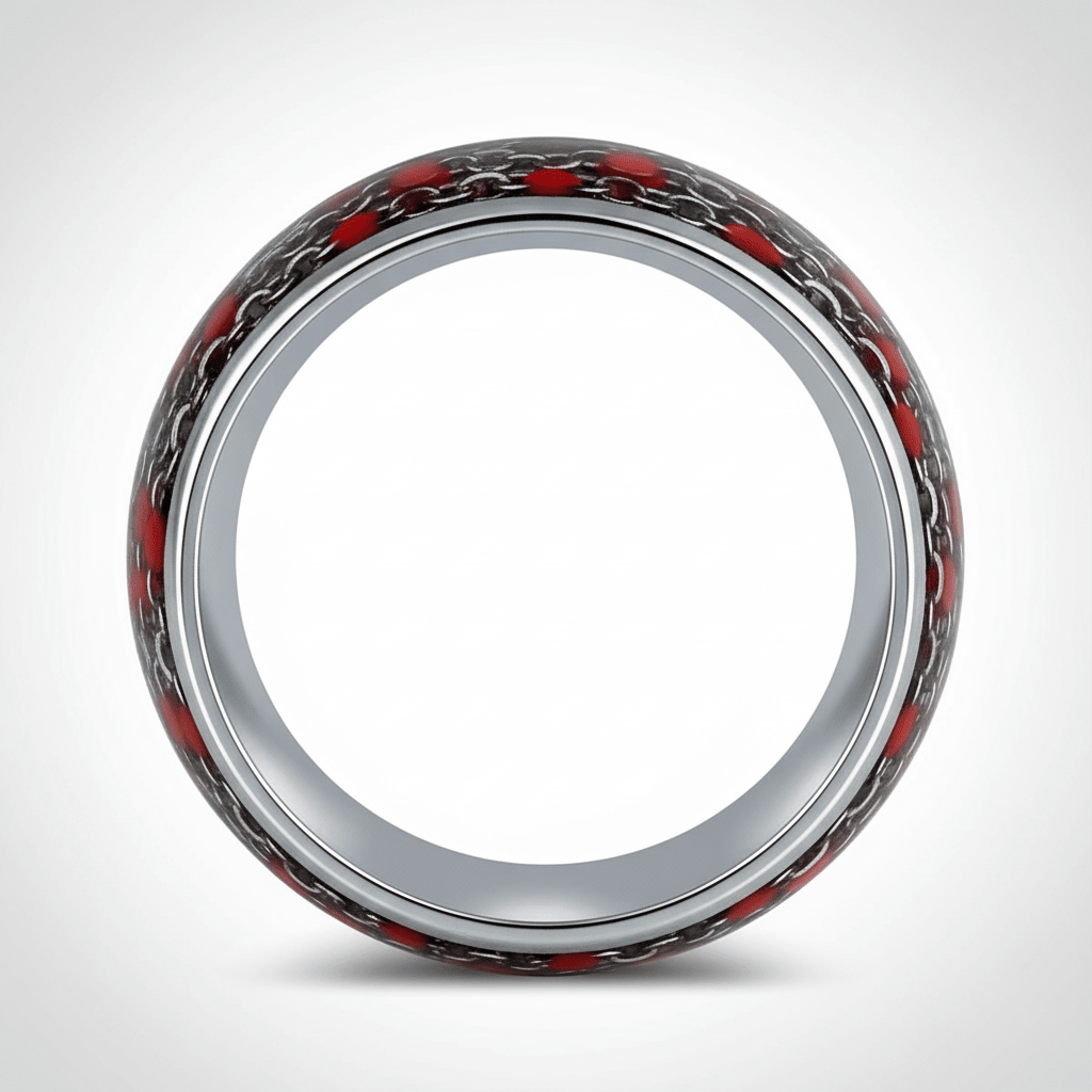 SCARLETLINK — Center-through axial view — men's tungsten wedding ring.