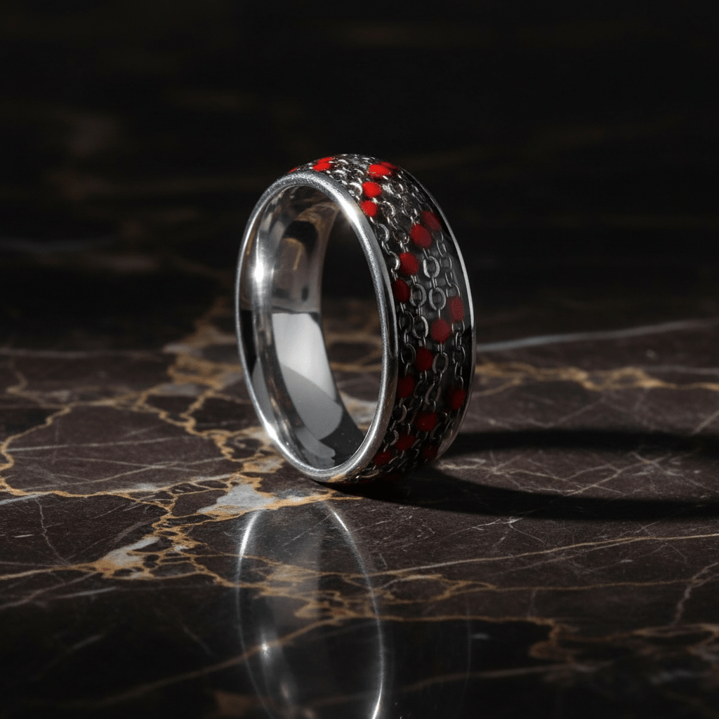 SCARLETLINK — Luxury 3/4 angle on dark marble — men's tungsten wedding ring.