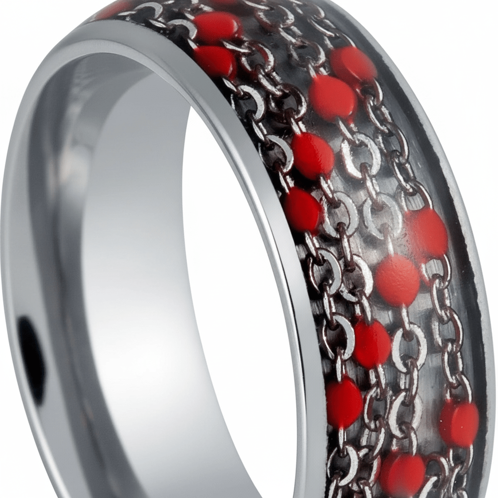 SCARLETLINK — Extreme macro detail — men's tungsten wedding ring.