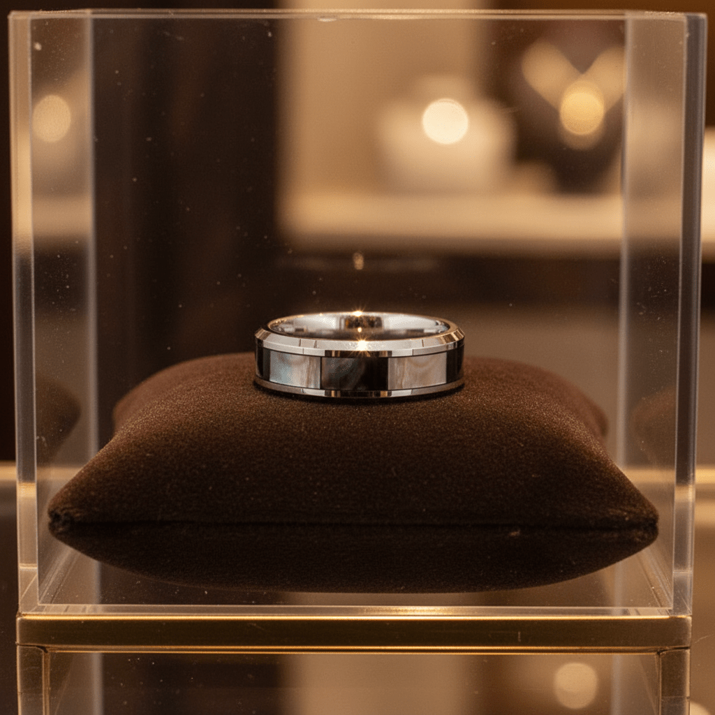 SCORPIO — Premium boutique display on velvet — men's tungsten wedding ring.