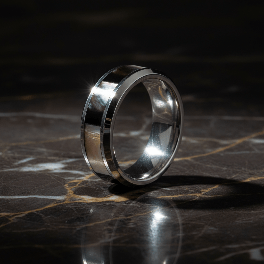 SCORPIO — Luxury 3/4 angle on dark marble — men's tungsten wedding ring.