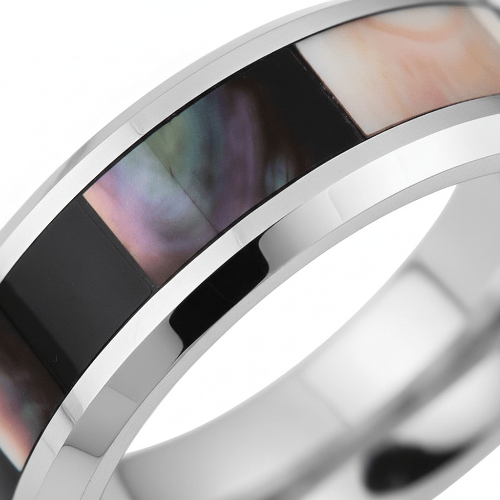 SCORPIO — Extreme macro detail — men's tungsten wedding ring.